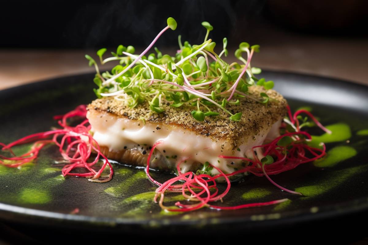 Pavé de poisson à la croûte d'herbes et lit de pousses de radis rouge germées