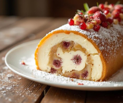 Gâteau roulé festif recouvert de crème et de fruits rouges