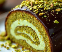 Gâteau en forme de dôme avec un glaçage au chocolat et des éclats de pistache