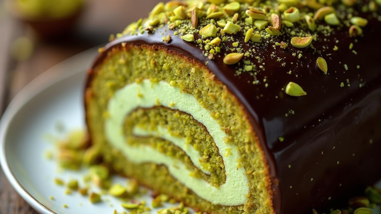 Gâteau en forme de dôme avec un glaçage au chocolat et des éclats de pistache