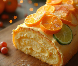 Gâteau moelleux garni de tranches d'oranges et de citrons verts
