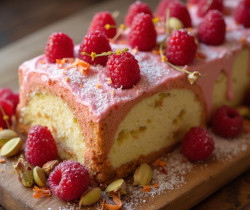Gâteau moelleux garni de framboises et de pistaches