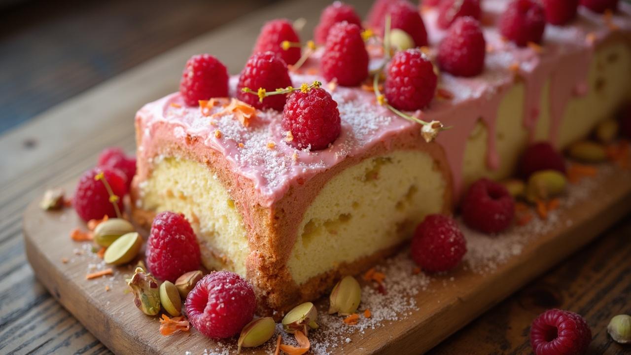Gâteau moelleux garni de framboises et de pistaches