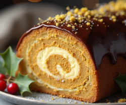 Gâteau roulé avec glaçage au chocolat et vermicelles dorées