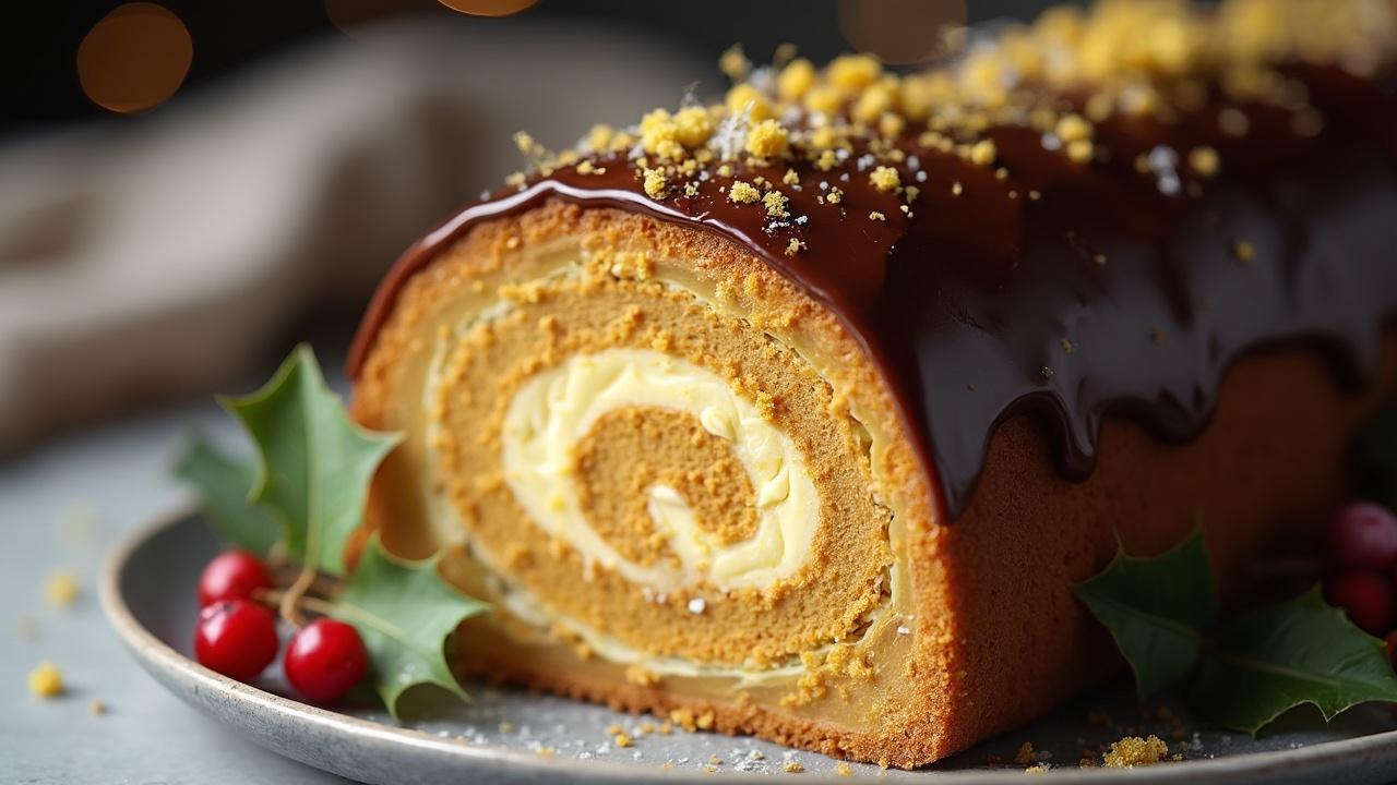 Gâteau roulé avec glaçage au chocolat et vermicelles dorées