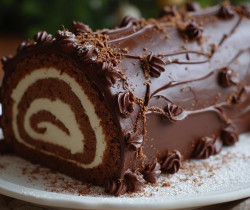 Gâteau roulé au chocolat avec glaçage crémeux et décorations en chocolat