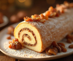 Gâteau roulé doré recouvert de fruits confits et de sucre en poudre