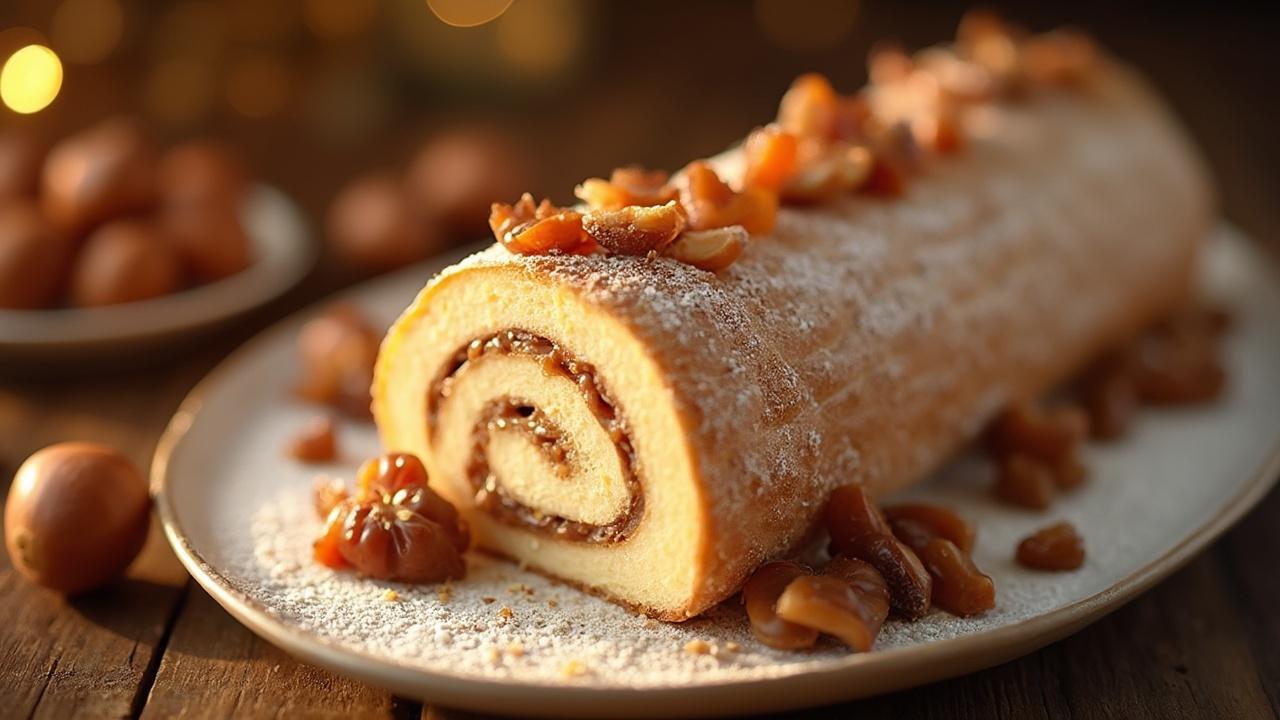 Gâteau roulé doré recouvert de fruits confits et de sucre en poudre
