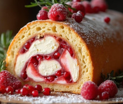 Gâteau roulé garni de fruits rouges et de sucre glace