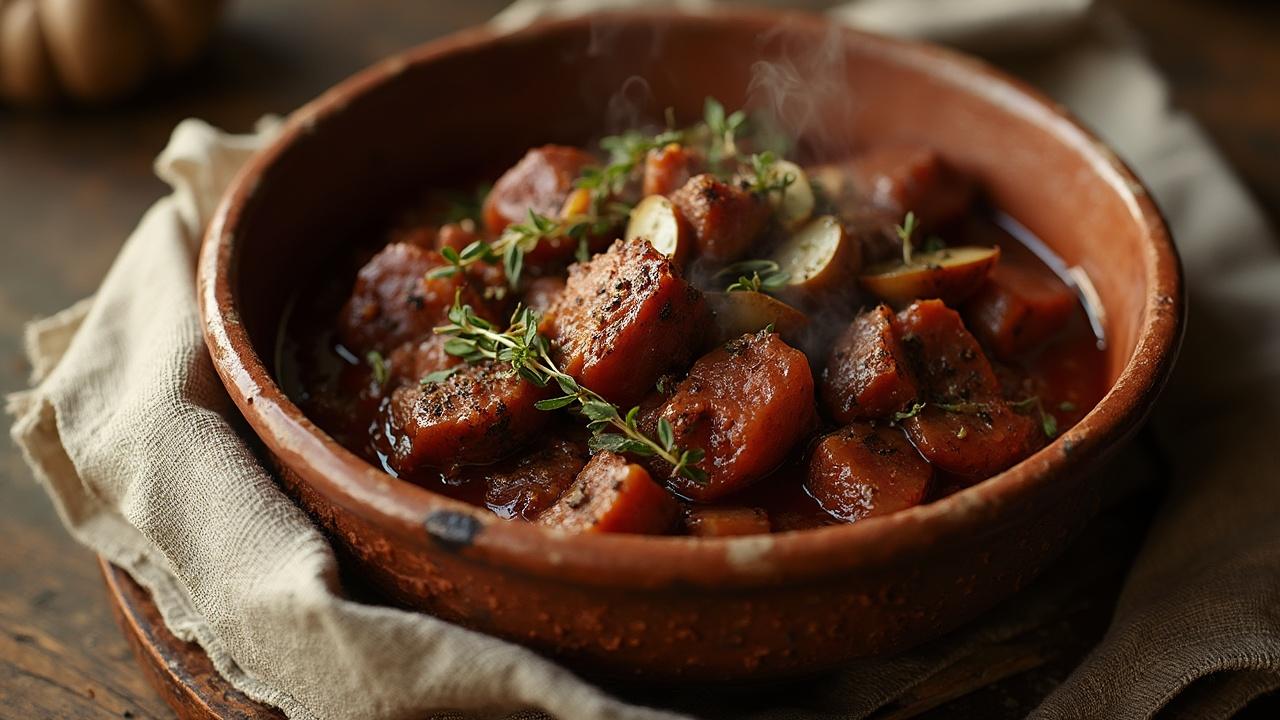 Un ragoût de bœuf fumant, servi dans un bol en terre cuite