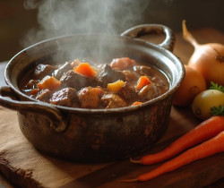 Bol de ragoût de bœuf fumant avec légumes sur une table en bois