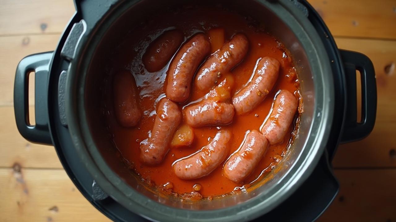 Image montrant des saucisses de porc braisées dans une sauce tomate dans une cocotte