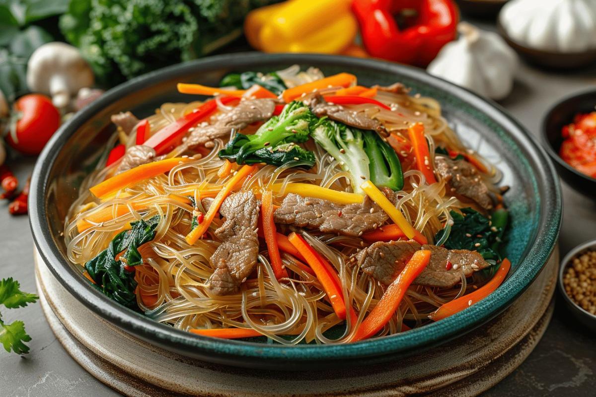 Recette japchae coréen authentique : nouilles de patates douces aux légumes et viande sautés