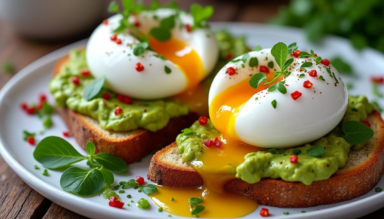 découvrez la recette gourmande d'avocado toast accompagnée d'œufs pochés, idéale pour un brunch sain et savoureux. facile et rapide à préparer, ce plat allie fraîcheur et protéines pour bien démarrer la journée !