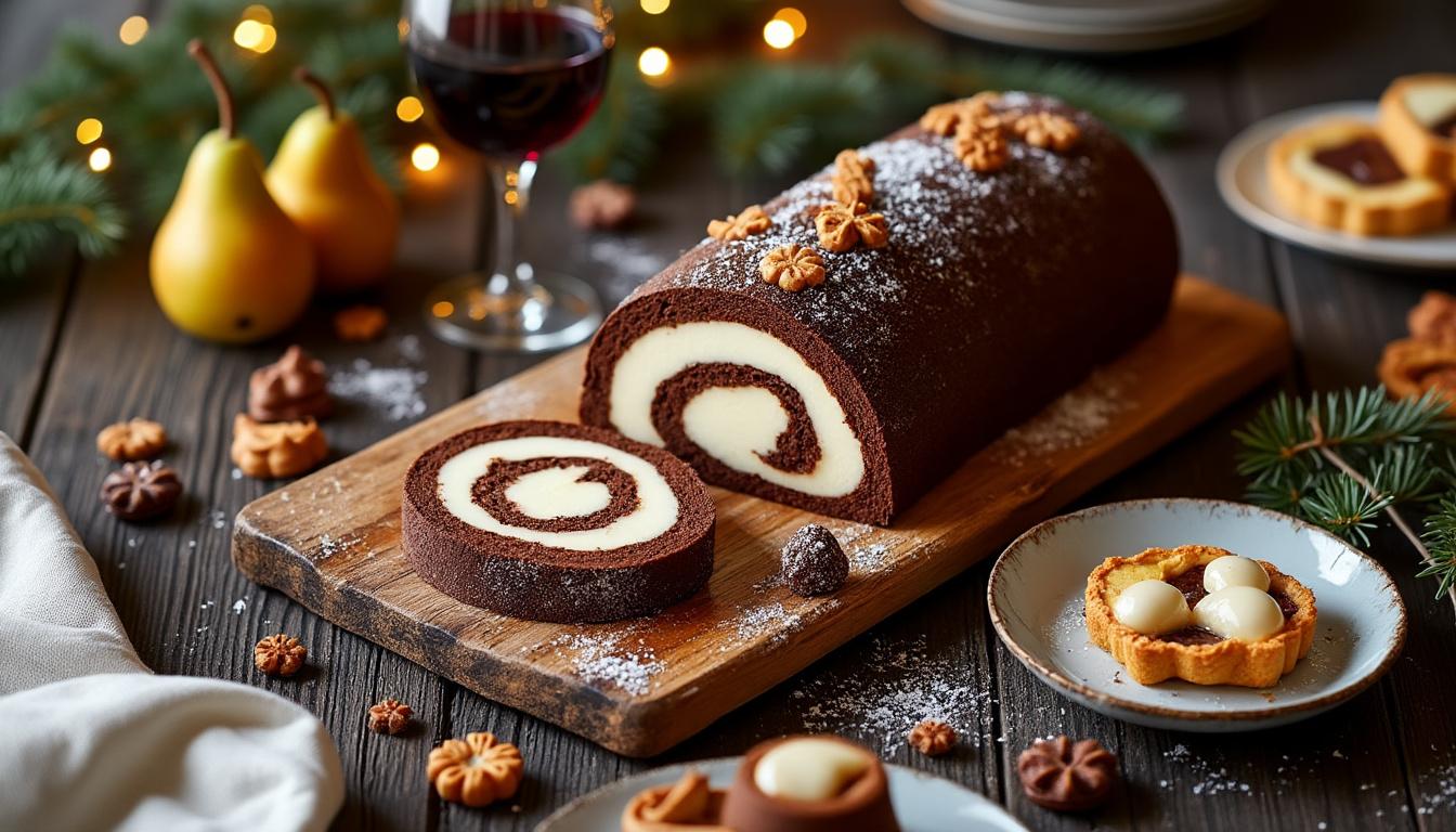 découvrez notre délicieuse bûche au chocolat et à la poire, un dessert gourmand alliant la richesse du chocolat à la douceur fruitée de la poire, parfait pour vos fêtes de fin d'année.