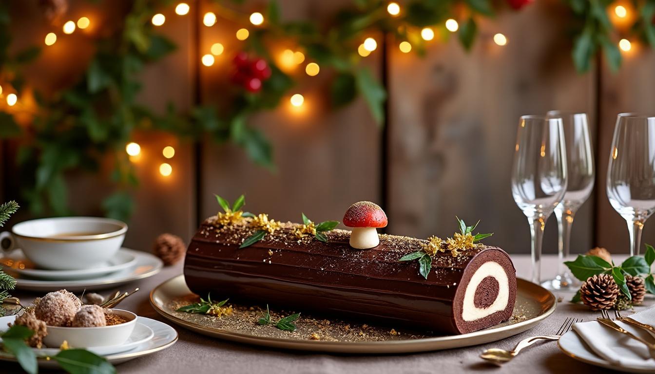 découvrez notre délicieuse bûche au chocolat et à la poire, un dessert raffiné alliant la richesse du chocolat et la douceur fruitée de la poire, parfait pour les fêtes.