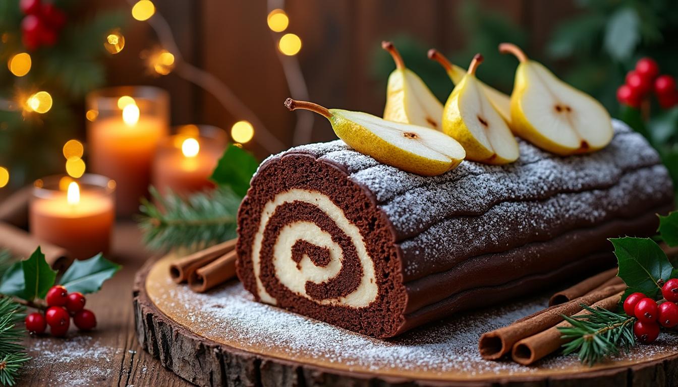 découvrez notre délicieuse recette de bûche au chocolat et à la poire, un dessert gourmand et raffiné parfait pour les fêtes de fin d'année.