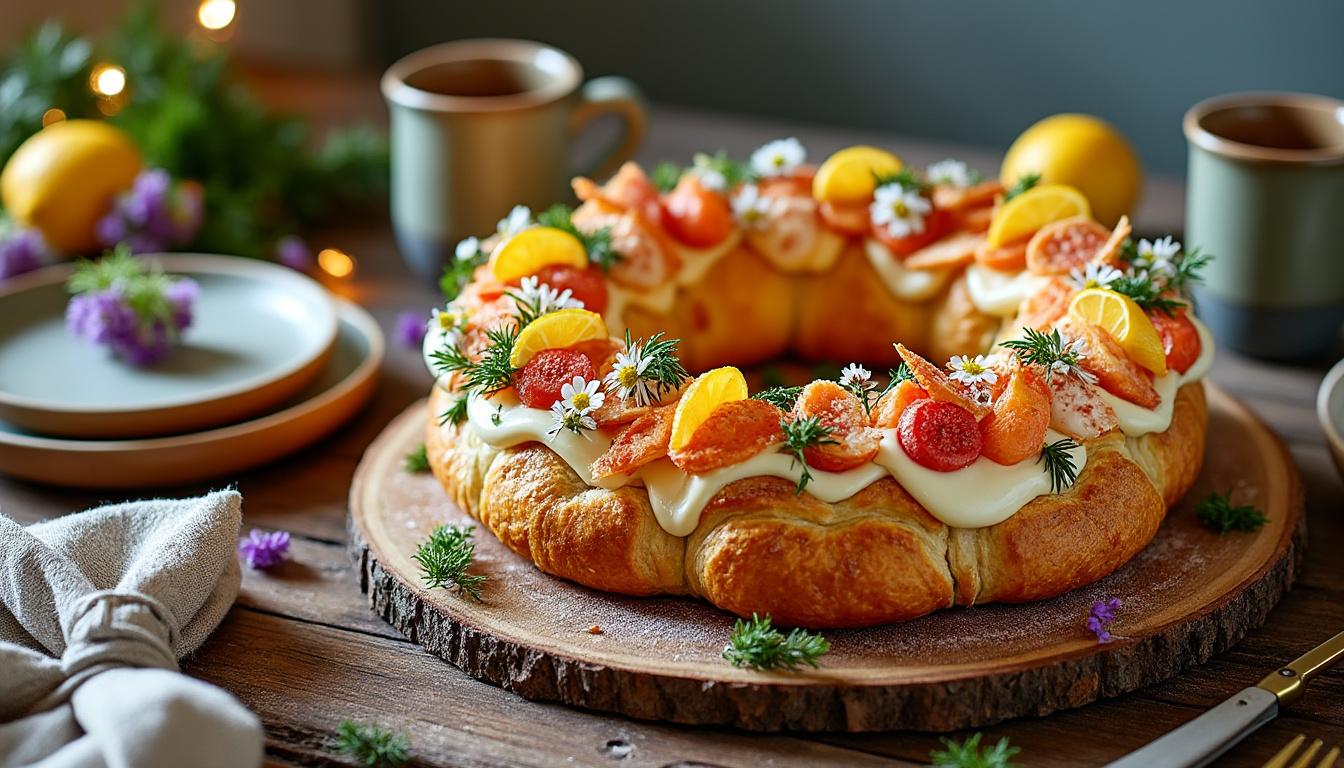 découvrez notre couronne de choux salés garnie de truite fumée, crabe frais et fromage fondant, une délicieuse entrée raffinée pour vos repas.