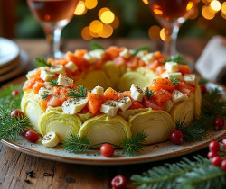 découvrez notre délicieuse couronne de choux salés garnie de truite fumée, crabe frais et fromage fondant, une entrée gourmande et raffinée parfaite pour vos repas festifs.
