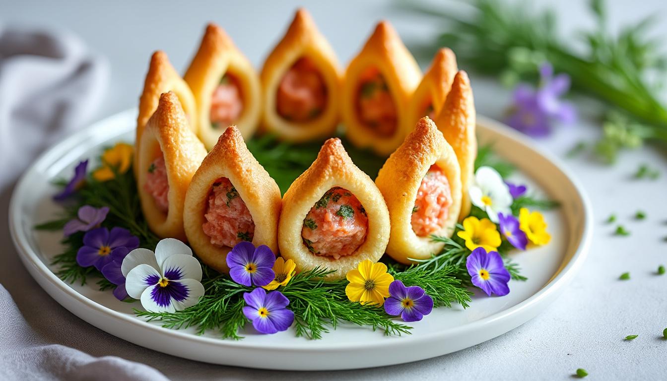 découvrez notre délicieuse couronne de choux salés garnie de truite fumée, crabe frais et fromage fondant, une combinaison savoureuse et raffinée parfaite pour vos repas gourmands.