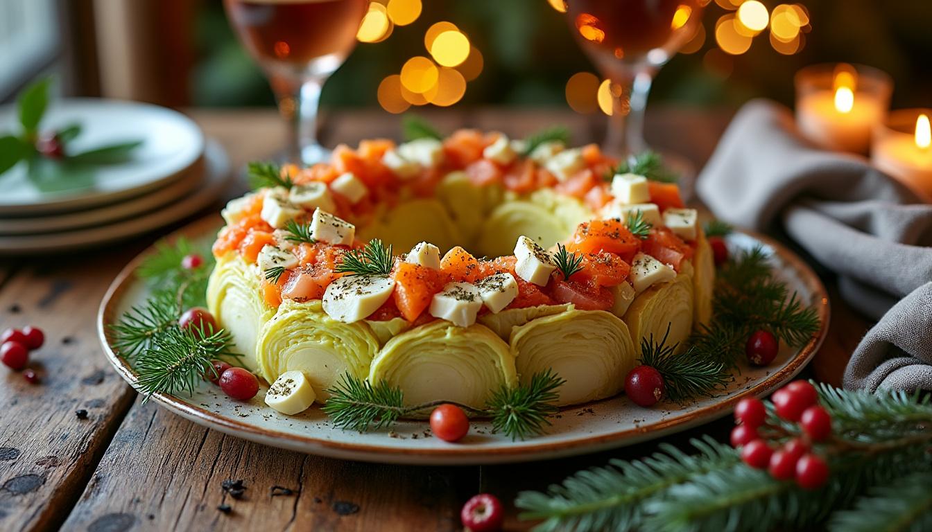 découvrez notre délicieuse couronne de choux salés garnie de truite fumée, crabe frais et fromage fondant, une entrée gourmande et raffinée parfaite pour vos repas festifs.