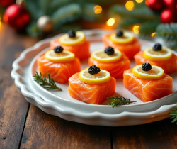 savourez nos délicieuses bouchées de saumon rehaussées d'une touche de citron frais et d'un subtil caviar pour une expérience gourmande raffinée.