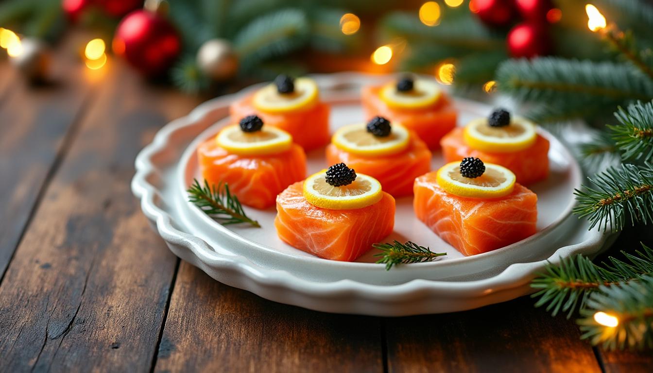 savourez nos délicieuses bouchées de saumon rehaussées d'une touche de citron frais et d'un subtil caviar pour une expérience gourmande raffinée.