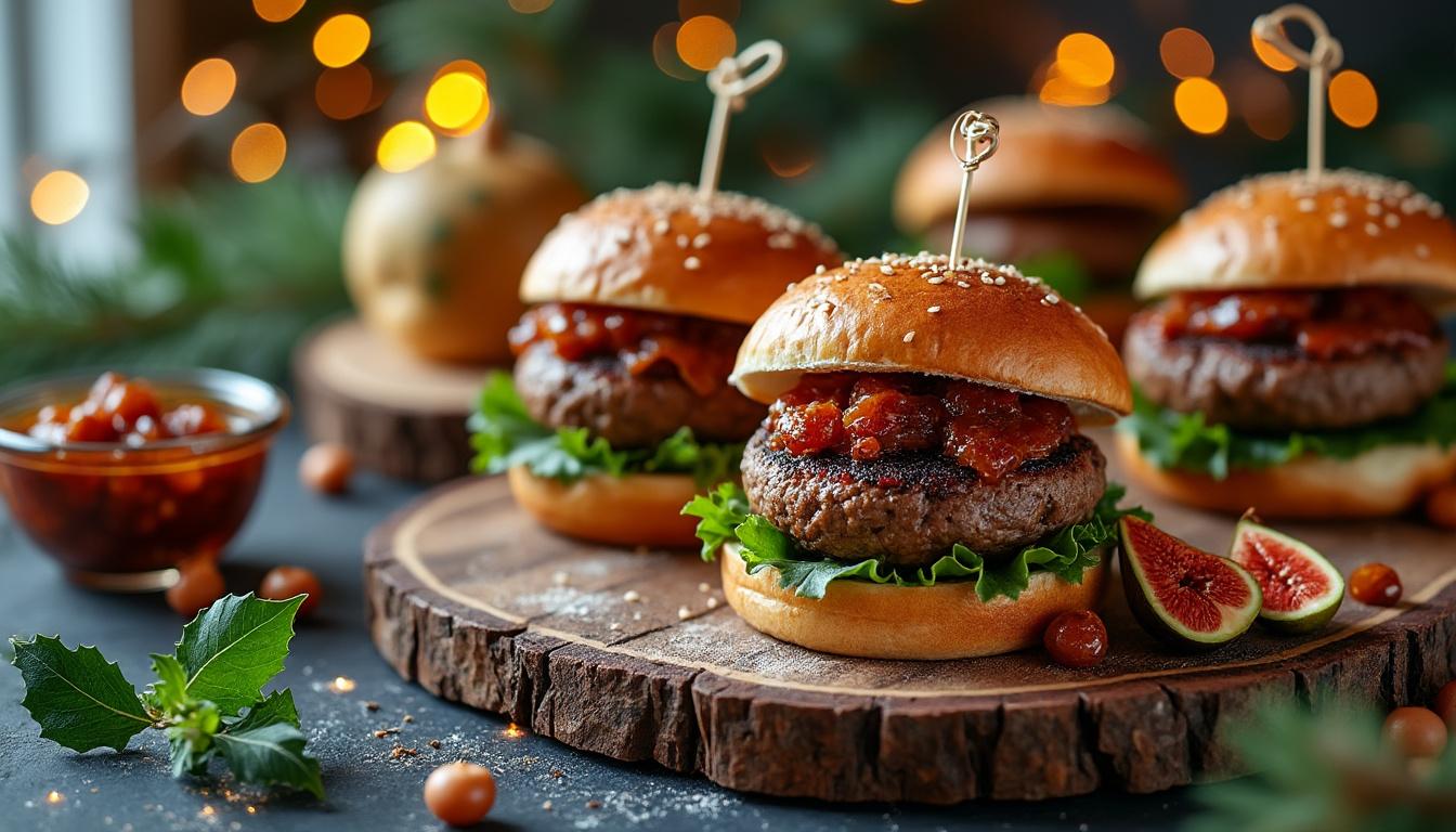 découvrez nos burgers de luxe au foie gras, sublimés par le piment d'espelette et accompagnés d'un savoureux chutney de figues, pour une gourmandise raffinée et épicée.