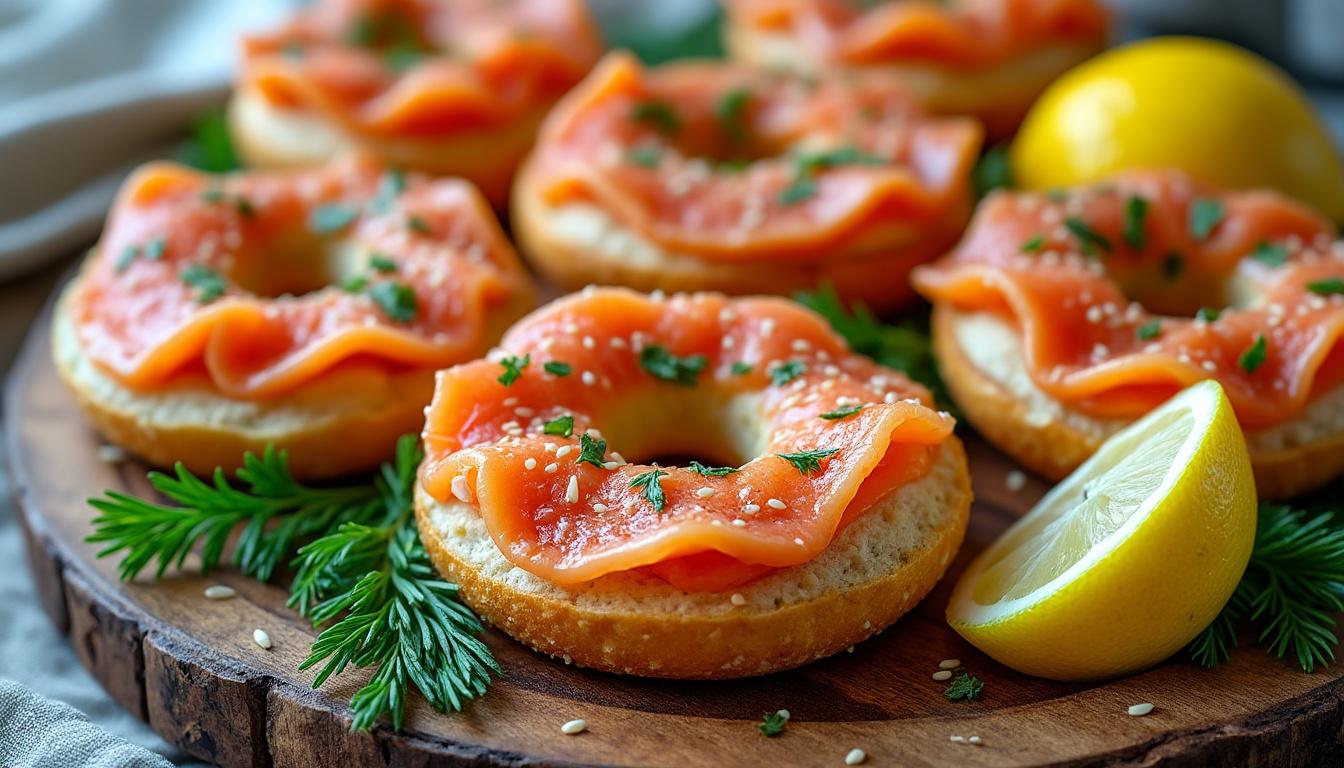 découvrez nos mini bagels à la truite fumée, une délicieuse entrée gourmande alliant le moelleux du bagel à la saveur délicate de la truite fumée.