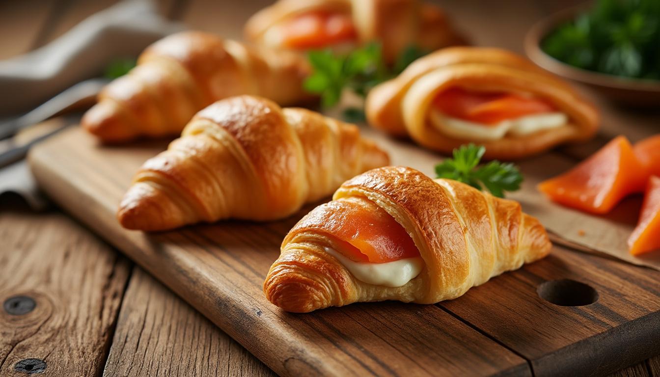 découvrez nos minis croissants apéro au saumon fumé, une délicieuse bouchée parfaite pour vos apéritifs gourmands et faciles à préparer.