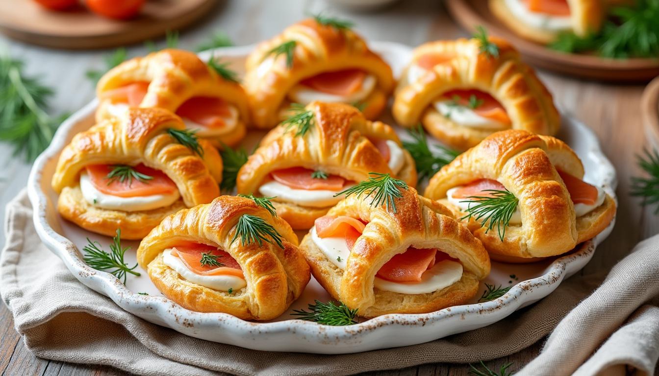 découvrez nos minis croissants apéro au saumon fumé, une délicieuse bouchée idéale pour vos apéritifs gourmands et conviviaux.