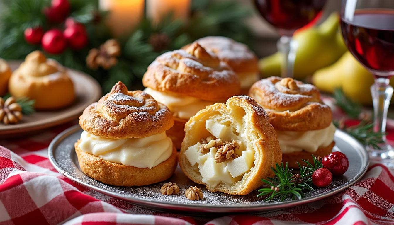 découvrez une recette raffinée pour noël : des choux salés garnis de gorgonzola, poires et noix, parfaits pour un apéritif élégant et gourmand.