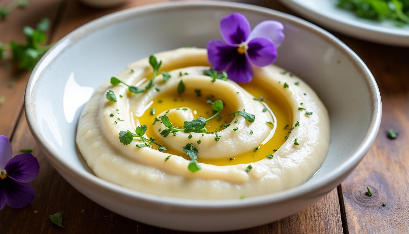 savourez un noël raffiné avec un foie gras tiède délicatement servi avec une purée onctueuse de topinambours, pour un repas festif et gourmand.