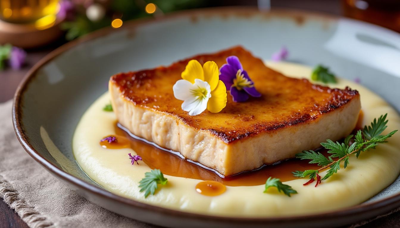 découvrez un noël raffiné avec notre foie gras tiède, délicatement servi avec une purée onctueuse de topinambours, pour un repas festif élégant et savoureux.