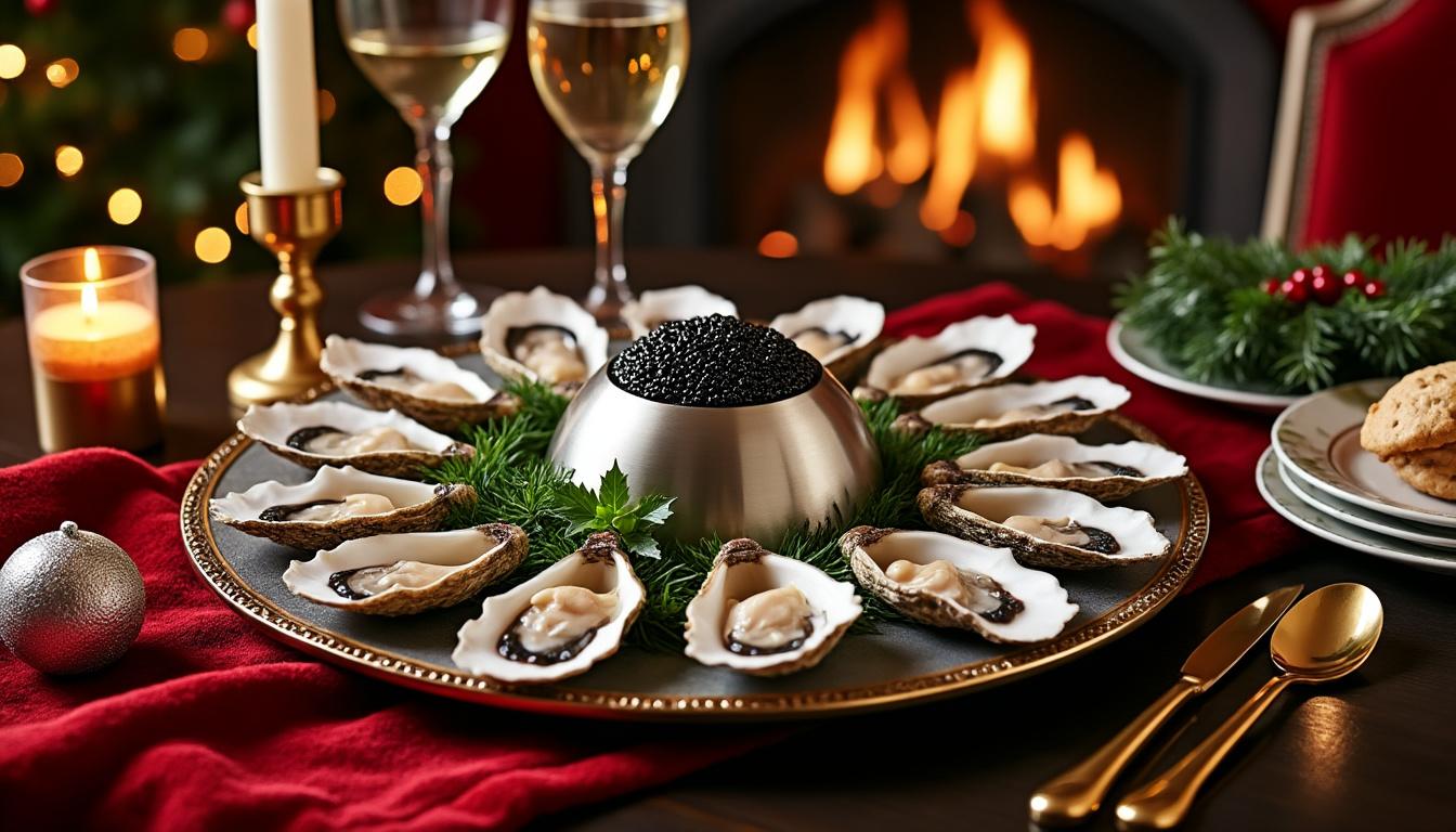 découvrez une recette raffinée pour un noël élégant : des huîtres fraîches délicatement posées sur un lit de mousse de caviar, alliant saveurs marines et sophistication.
