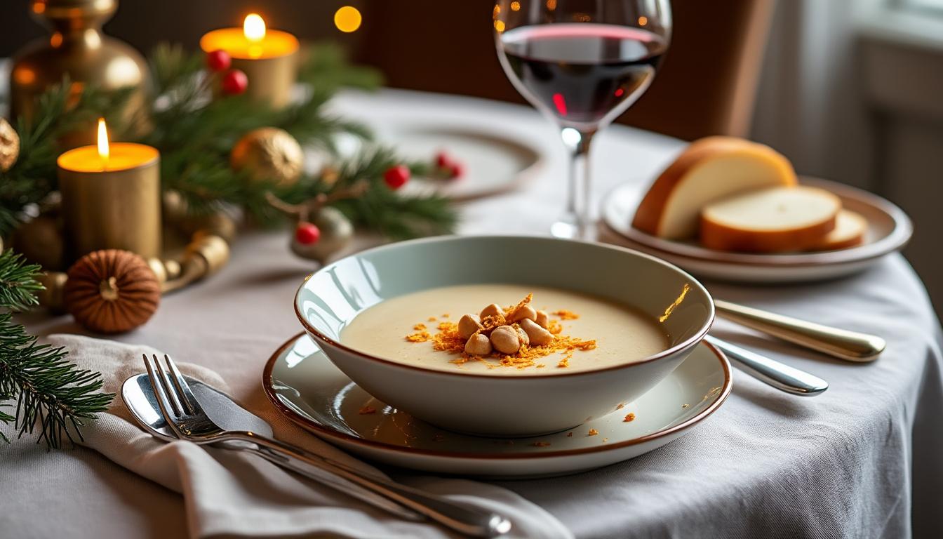 découvrez notre recette gourmande de velouté de marrons, délicatement rehaussé par des copeaux de foie gras pour une expérience raffinée et savoureuse.