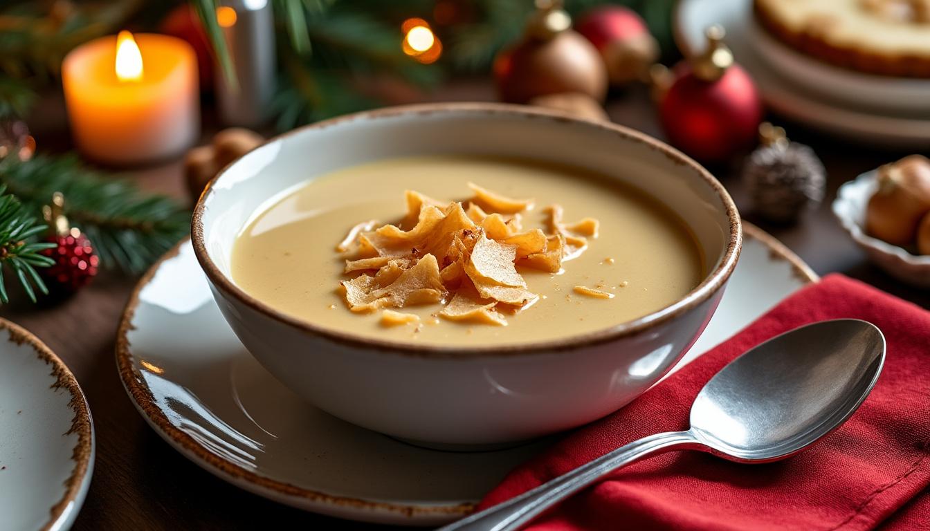 découvrez notre velouté de marrons onctueux, sublimé par des copeaux de foie gras pour une entrée gourmande et raffinée.