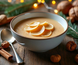 découvrez notre velouté de marrons onctueux, délicatement rehaussé de copeaux de foie gras pour une entrée raffinée et gourmande.