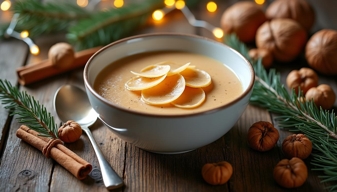 découvrez notre velouté de marrons onctueux, délicatement rehaussé de copeaux de foie gras pour une entrée raffinée et gourmande.