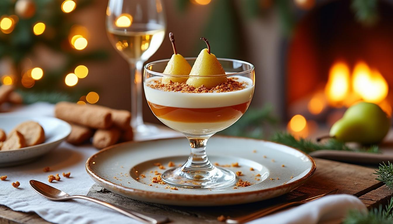 découvrez nos verrines gourmandes au foie gras, accompagnées d'une compotée de poires délicatement sucrée et de pain d'épice croustillant, parfaites pour une entrée raffinée.