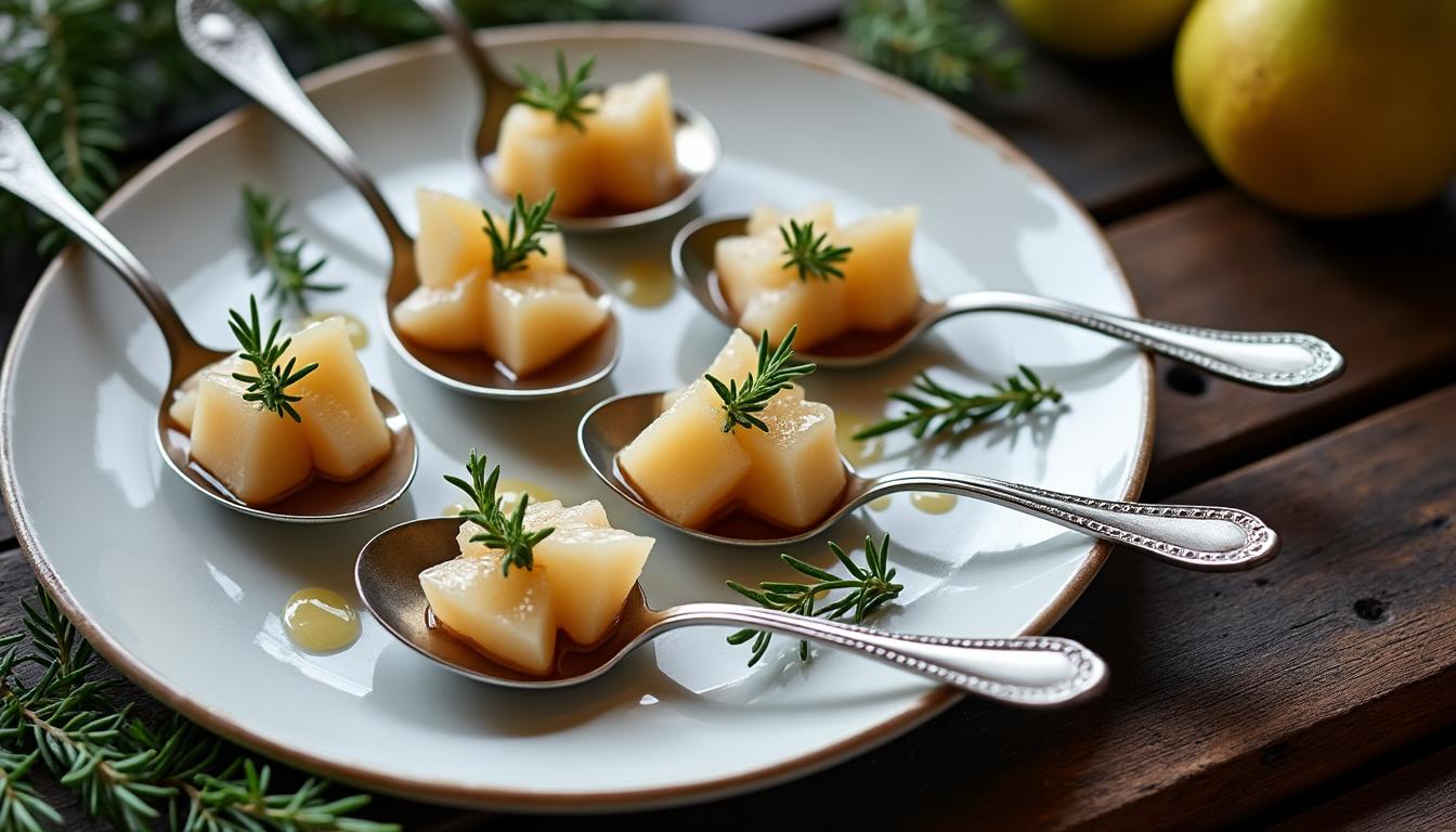 découvrez notre recette élégante de verrines de foie gras accompagnées d'une compotée de poires sucrée et d'un croustillant pain d'épice, parfaite pour vos repas festifs.