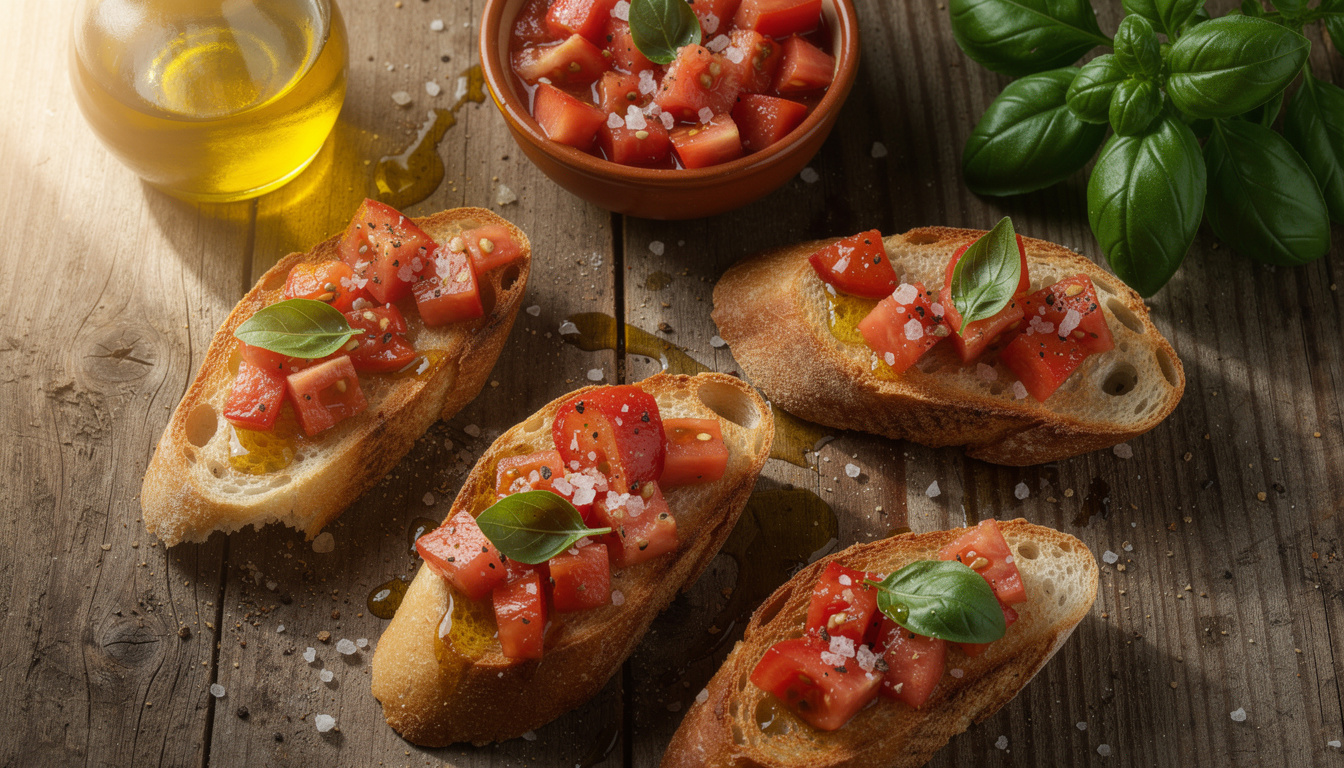 découvrez la vraie recette italienne de la bruschetta à la tomate : un savoureux mélange de pain grillé, tomates fraîches, basilic et huile d'olive pour un apéritif traditionnel et délicieux.