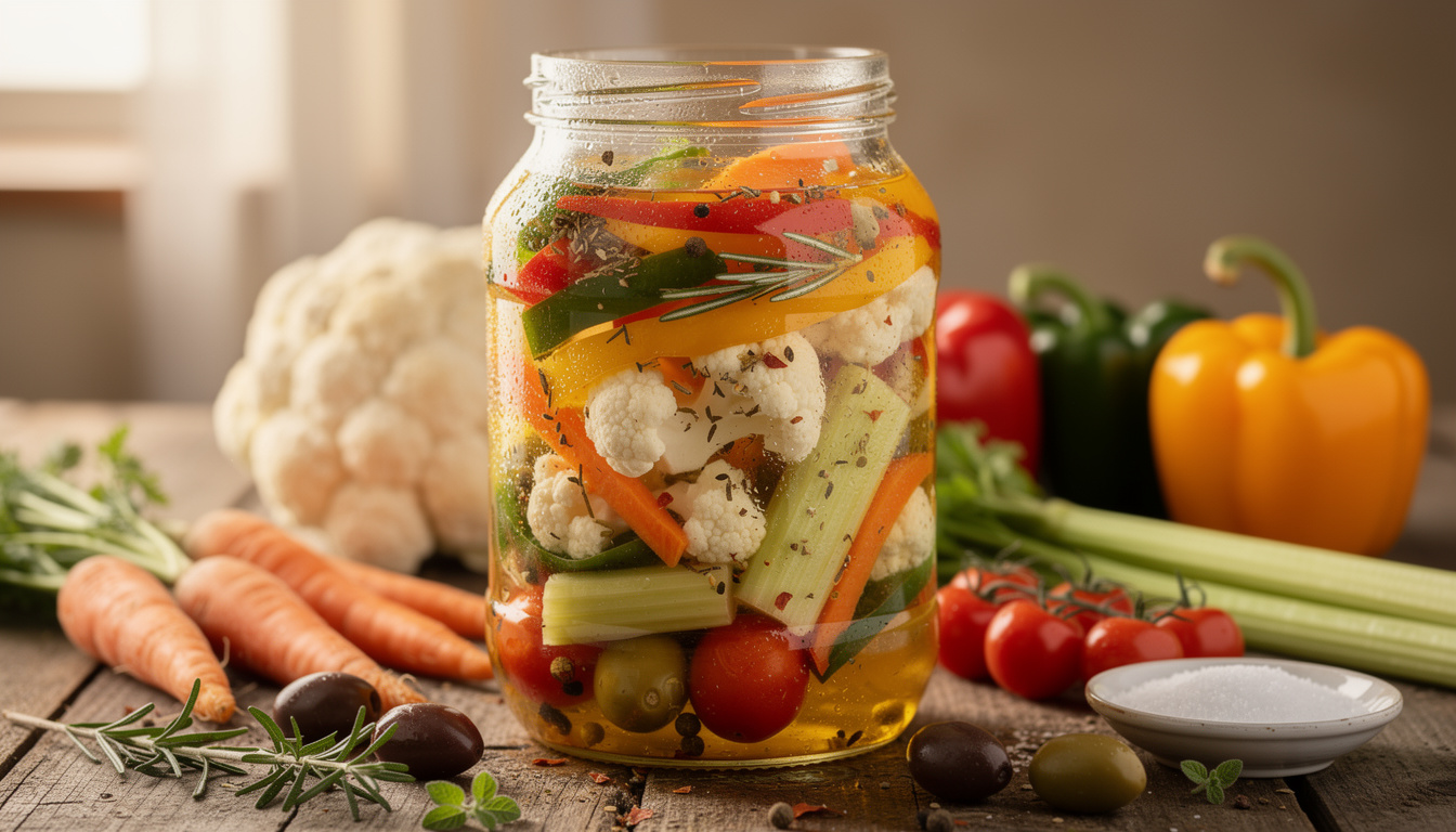 découvrez la giardiniera, les légumes marinés à l'italienne, un mélange savoureux et croquant parfait pour rehausser vos plats et apéritifs.
