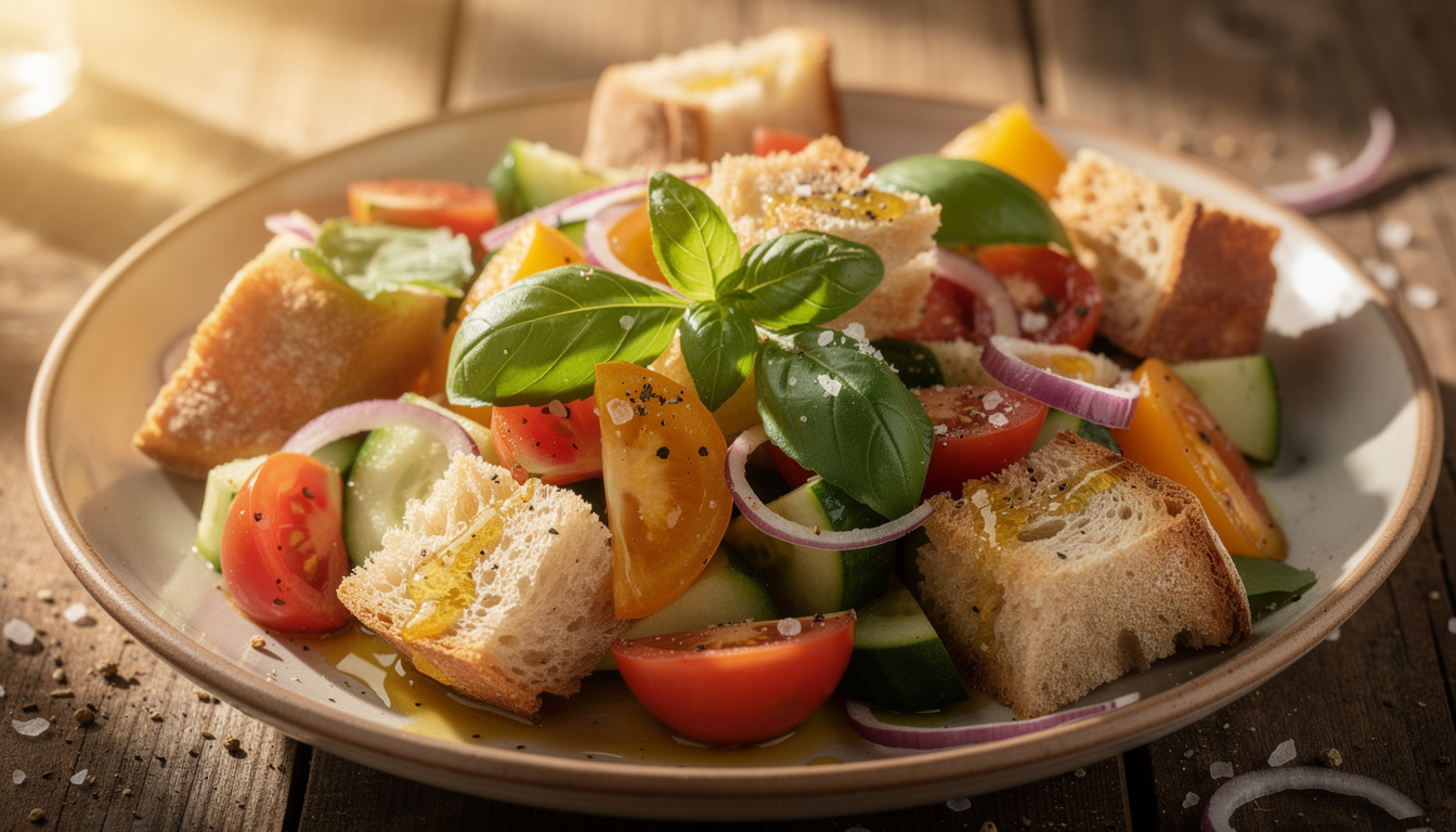 découvrez la panzanella toscane, une salade italienne traditionnelle à base de pain rassis, tomates fraîches, oignons et basilic, parfaite pour un repas estival rafraîchissant.