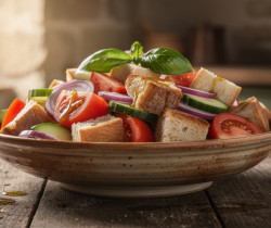 découvrez la panzanella toscane, une salade traditionnelle italienne à base de pain rassis, tomates fraîches, oignons et basilic, parfaite pour un repas estival frais et savoureux.