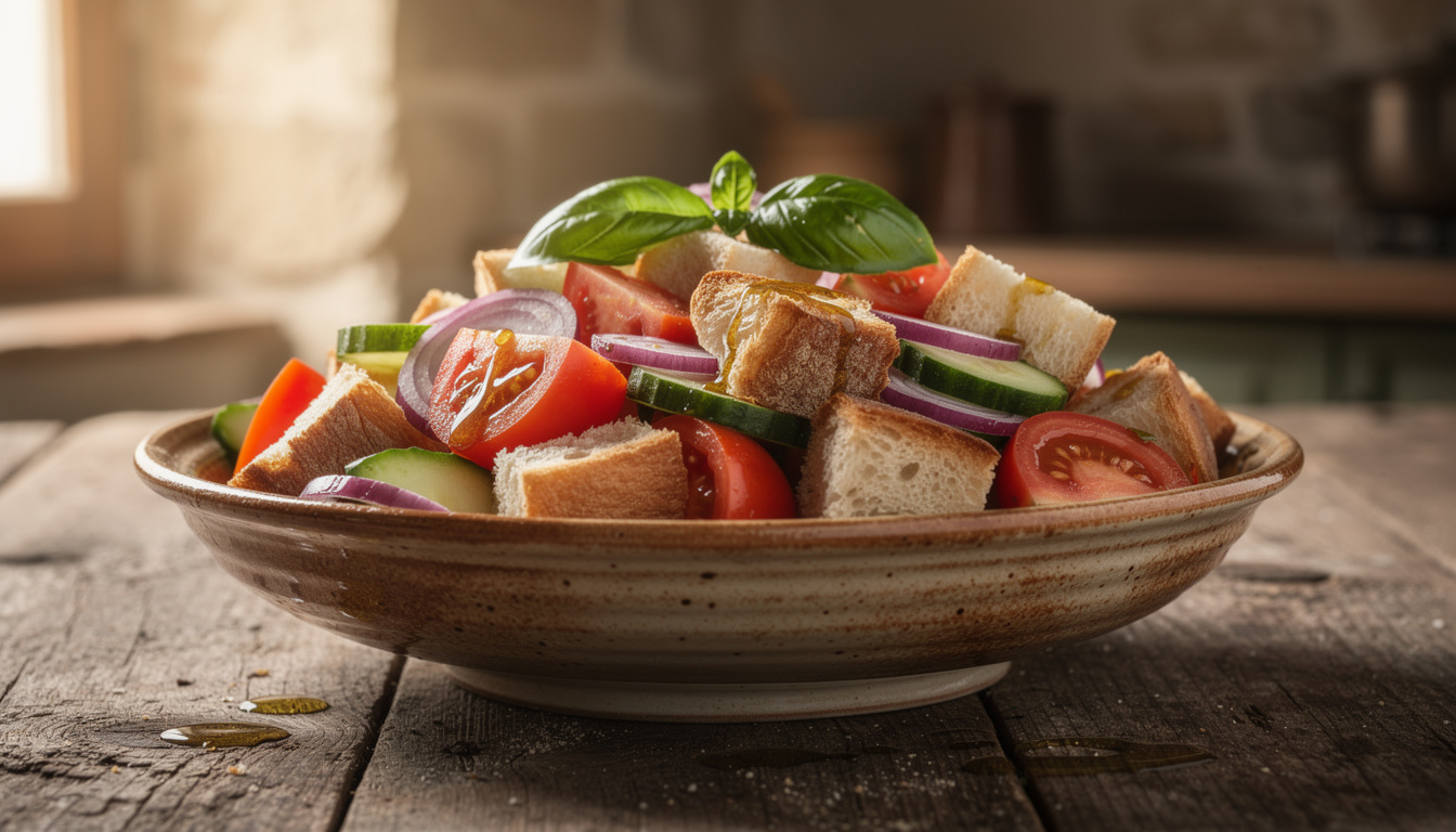 découvrez la panzanella toscane, une salade traditionnelle italienne à base de pain rassis, tomates fraîches, oignons et basilic, parfaite pour un repas estival frais et savoureux.