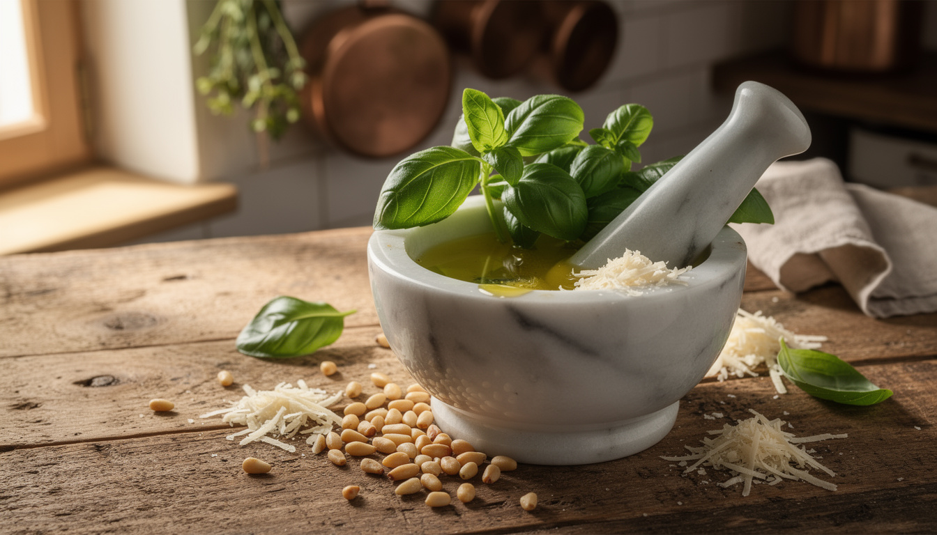 découvrez la recette authentique du pesto alla genovese préparé au mortier, pour un goût traditionnel et savoureux directement venu de gênes.