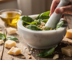 découvrez la recette authentique du pesto alla genovese préparé au mortier pour un goût traditionnel et savoureux.