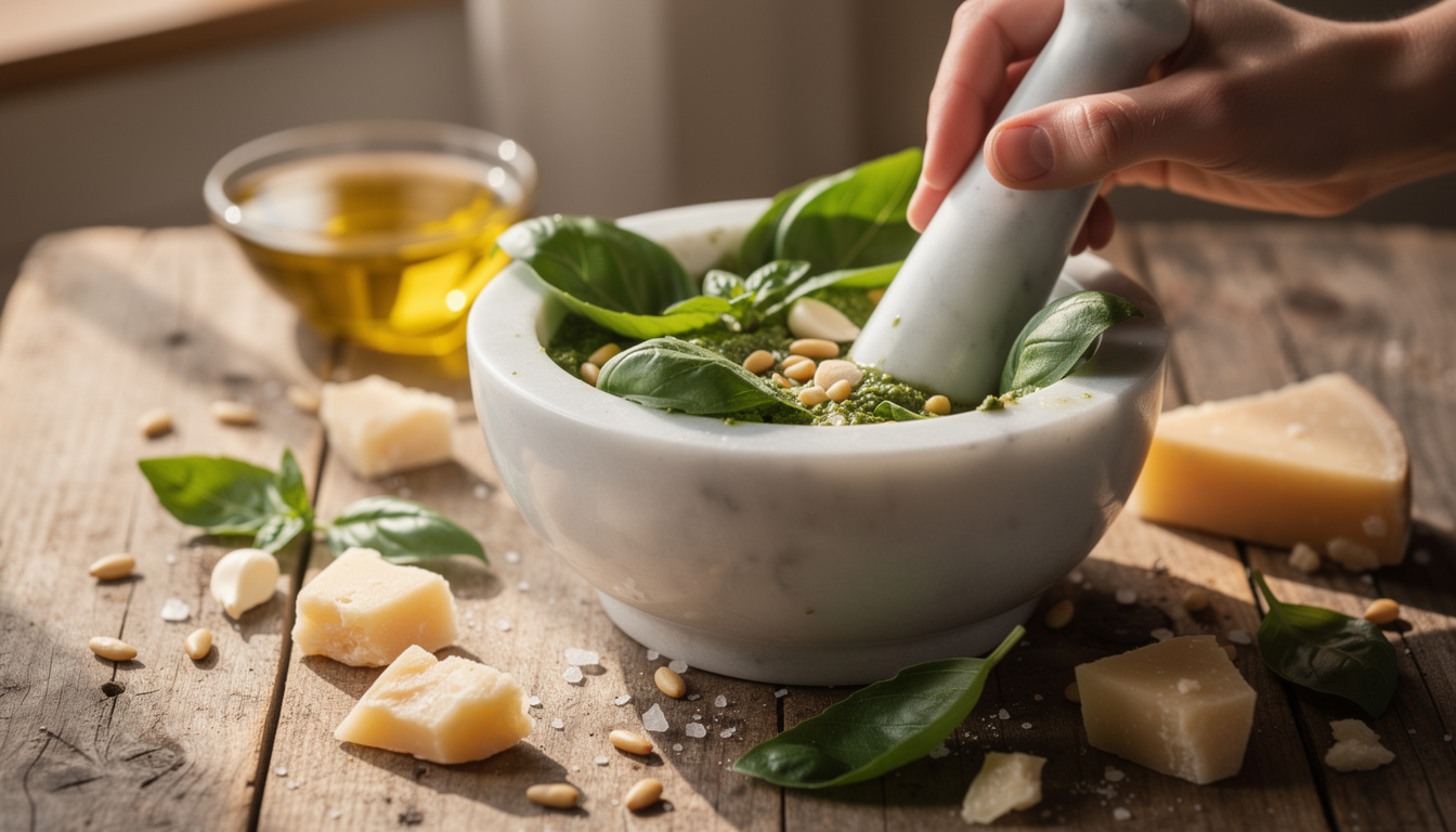 découvrez la recette authentique du pesto alla genovese préparé au mortier pour un goût traditionnel et savoureux.