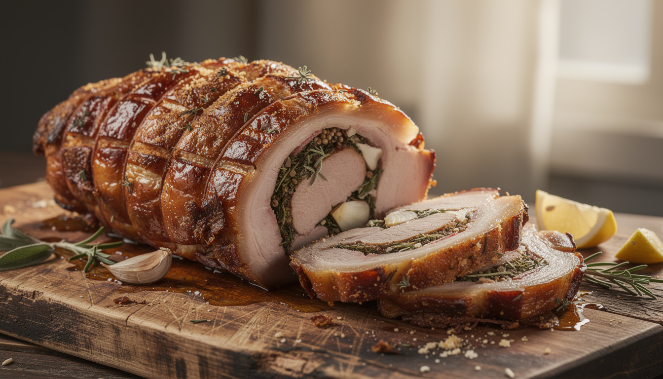 découvrez la recette authentique de la porchetta italienne, un rôti de porc farci aux herbes et épices, tendre et savoureux, parfait pour vos repas gourmands.